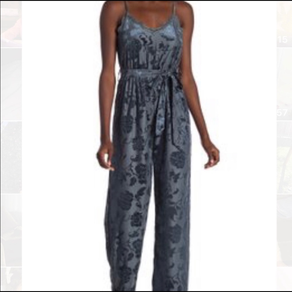 Honey Belle blue jumpsuit velvet floral detail